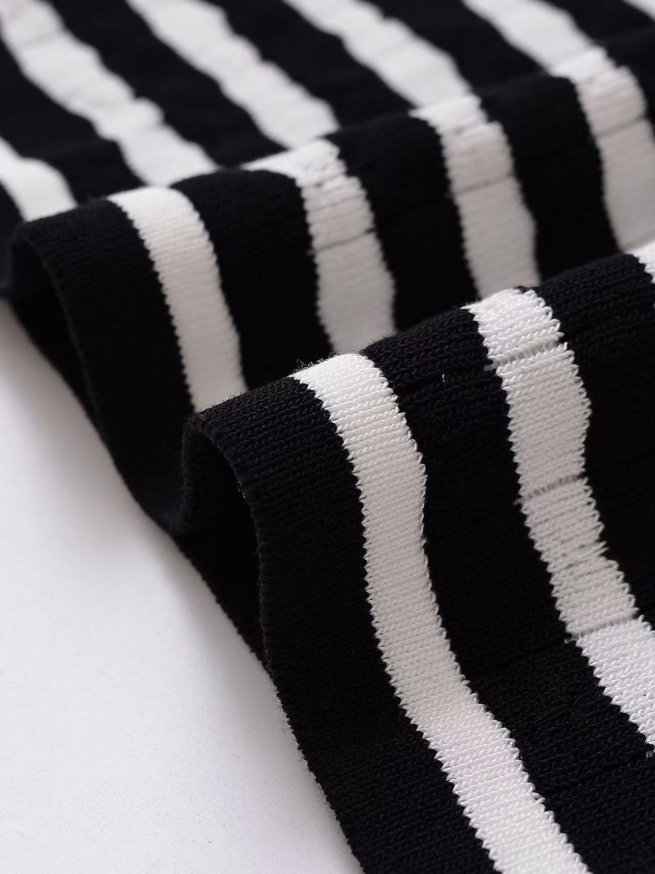 Fashion Turndown Collar Shirt & Striped Bell-Bottom Pants Summer Knit Set 32