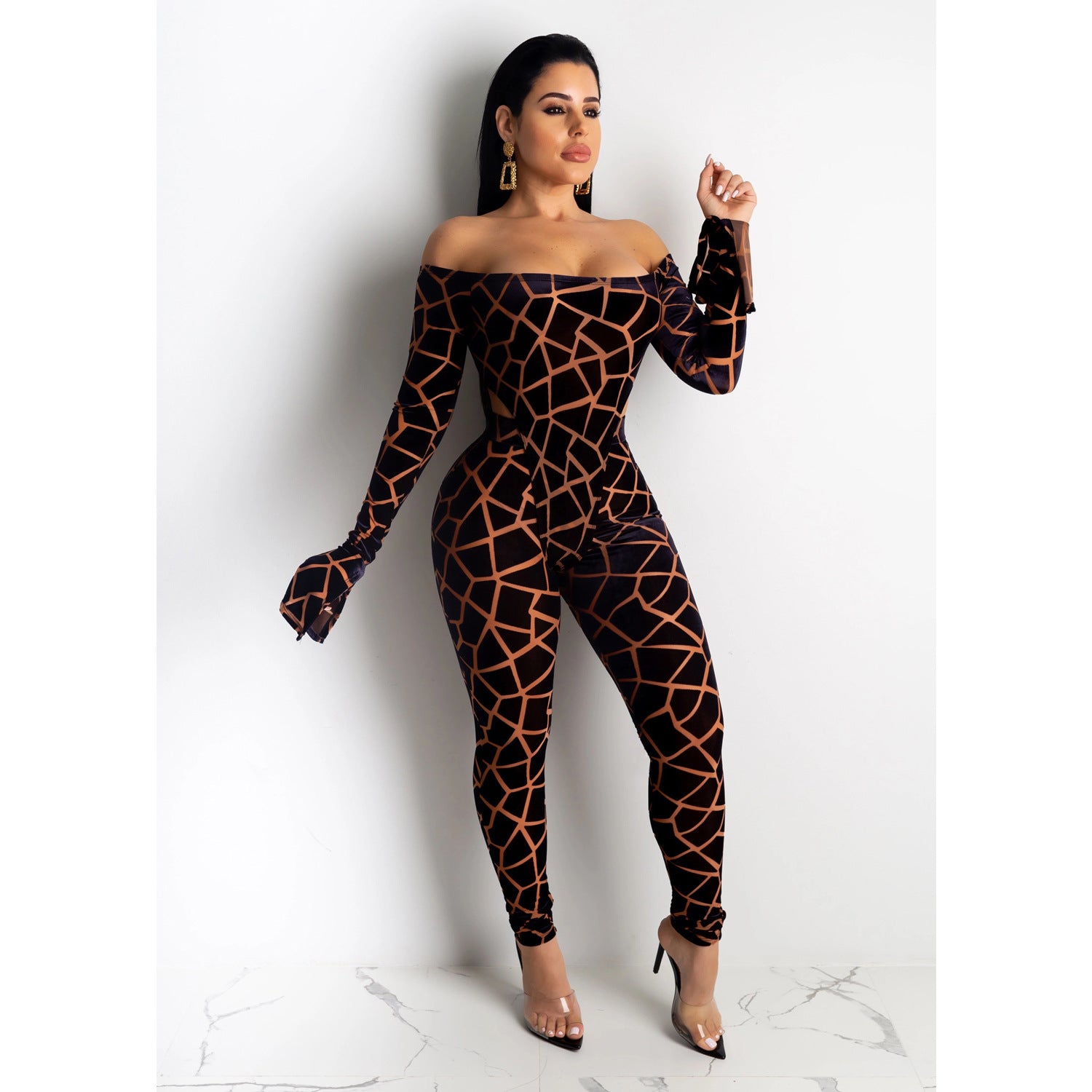 Women Long Sleeve Printed Bodysuit and Pant Two-piece Set 19