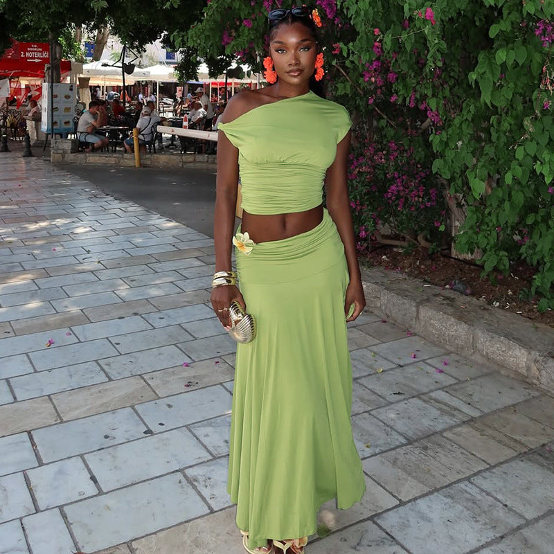Solid Color Casual Pleated One-Shoulder Slash Shoulder Crop Top Long Skirt Two-Piece Women's Set