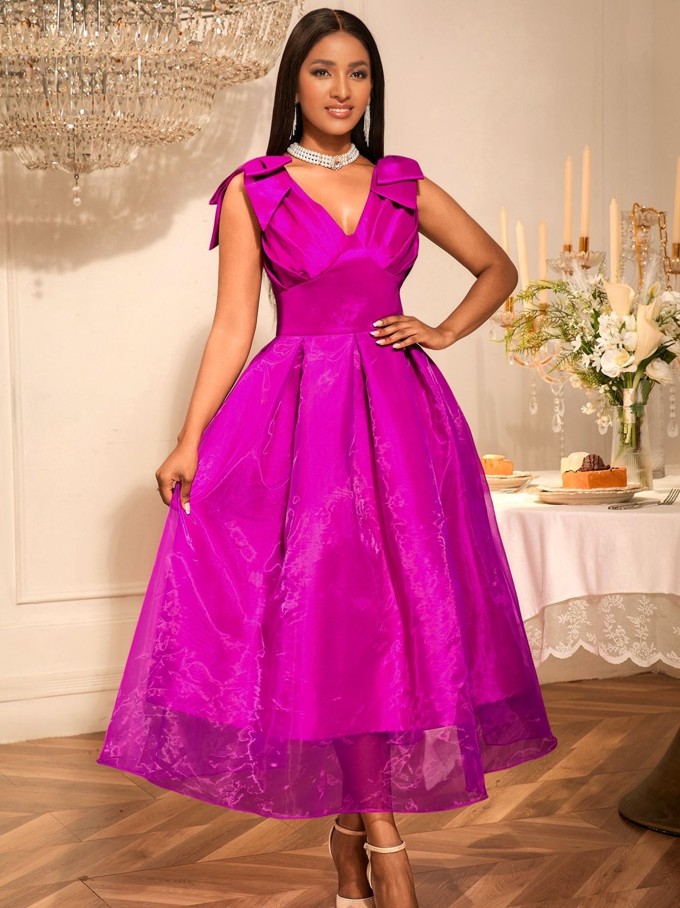 Sexy V-Neck Bow Sleeveless Dress High-Waist Elegant Formal Party Gown 4