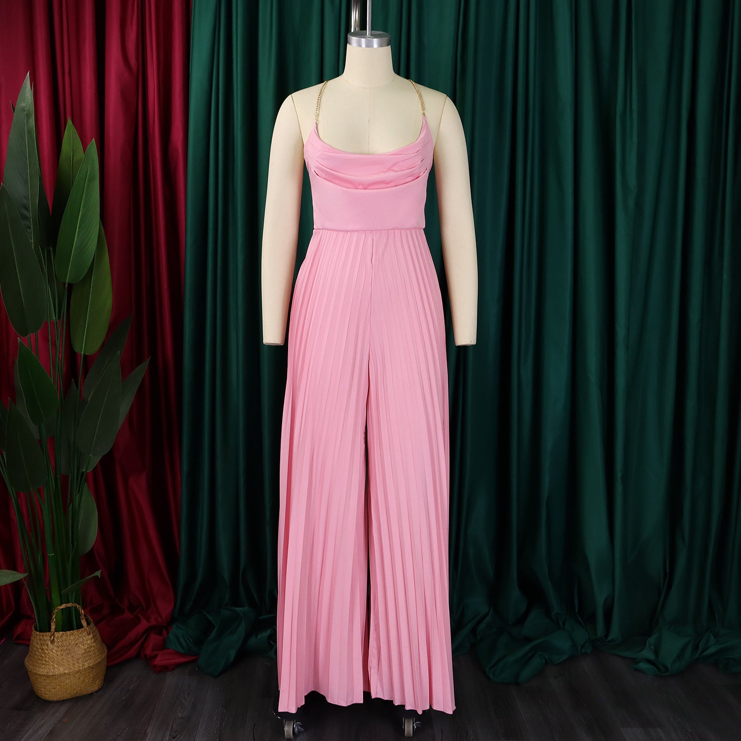 Summer Fashion Sexy Chain Halter Neck Sexy Low Back High Waist Wide Leg Pleated Jumpsuit 11