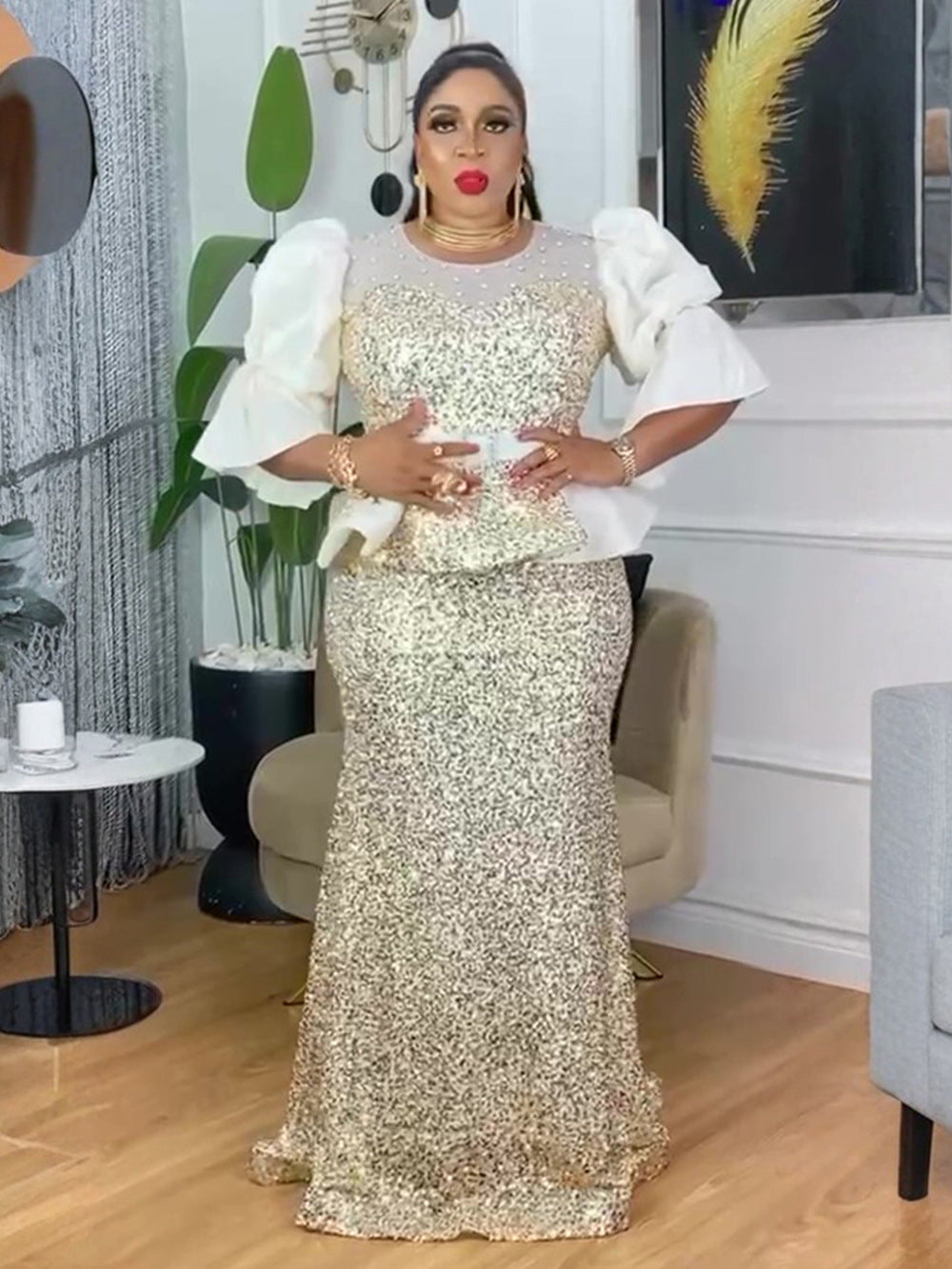 Plus Size Women's Autumn Sequin Mermaid Dress High Waist Party Evening Gown 4