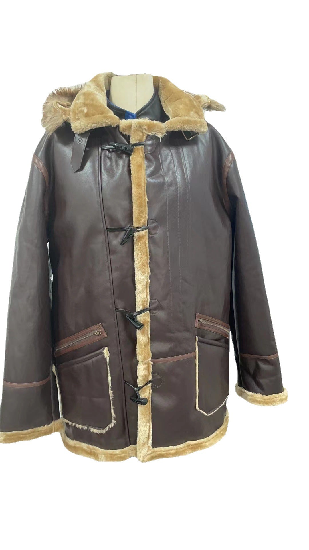 Men's zipper pocket hooded Faux furry jacket 6