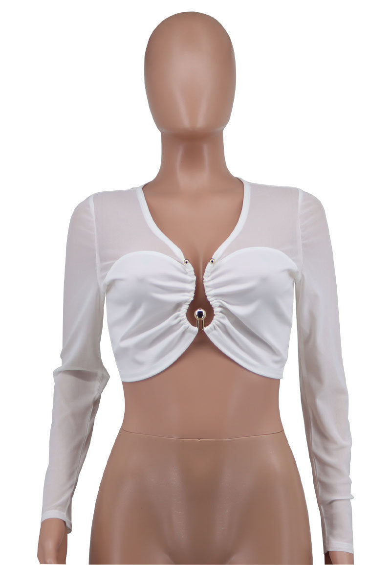 Women Solid Long Sleeve Casual Crop Top 10