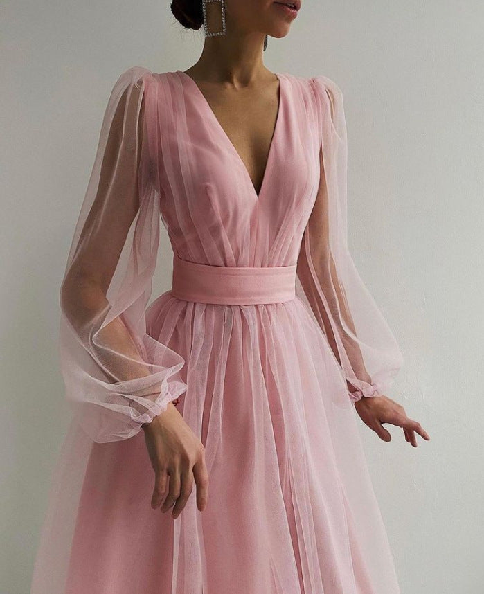 Women Fall V-Neck Mesh A-line Party Dress 9