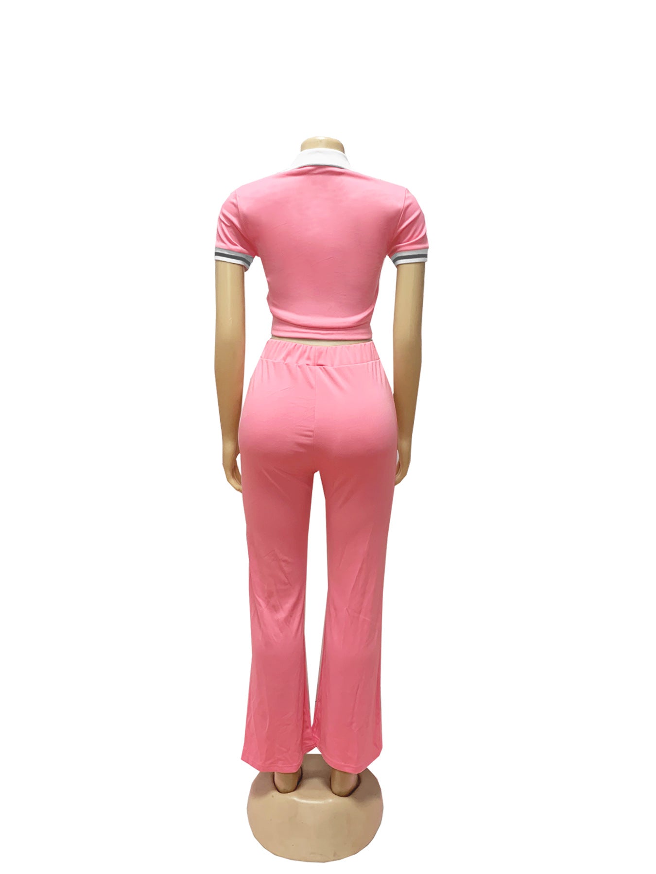 Women Spring and Summer Casual Polo Neck Top and Wide Leg Pants Contrast Color Casual Two Piece Set 6