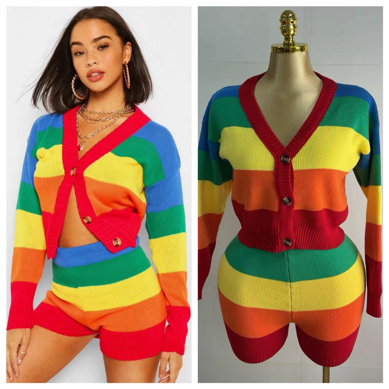 Women's Fashion Casual Color Block Print Cardigan + Shorts Set 4