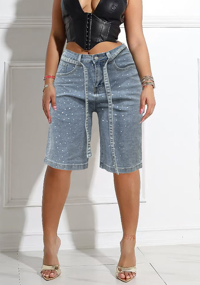 Spring Summer women's loose beaded midi denim pants with belt