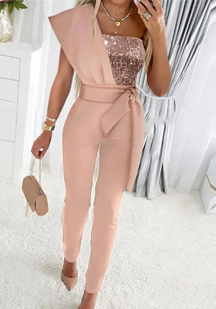 Women Winter Slash Shoulder Sequin Jumpsuit