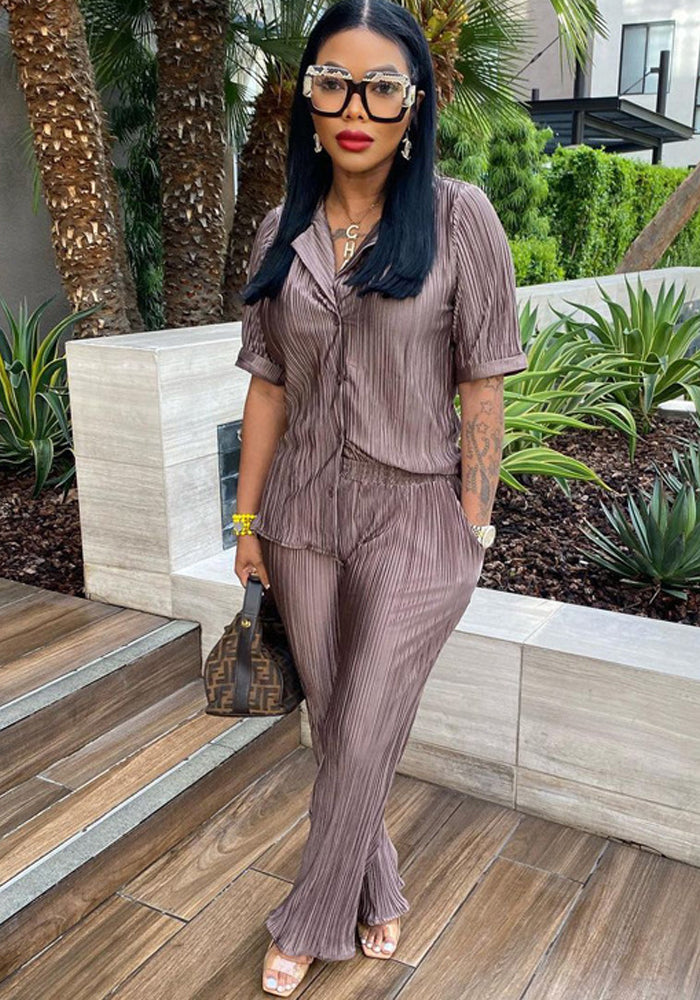 Women Summer French Short Sleeve Shirt And Pleated Wide Leg Pants Two Piece Set