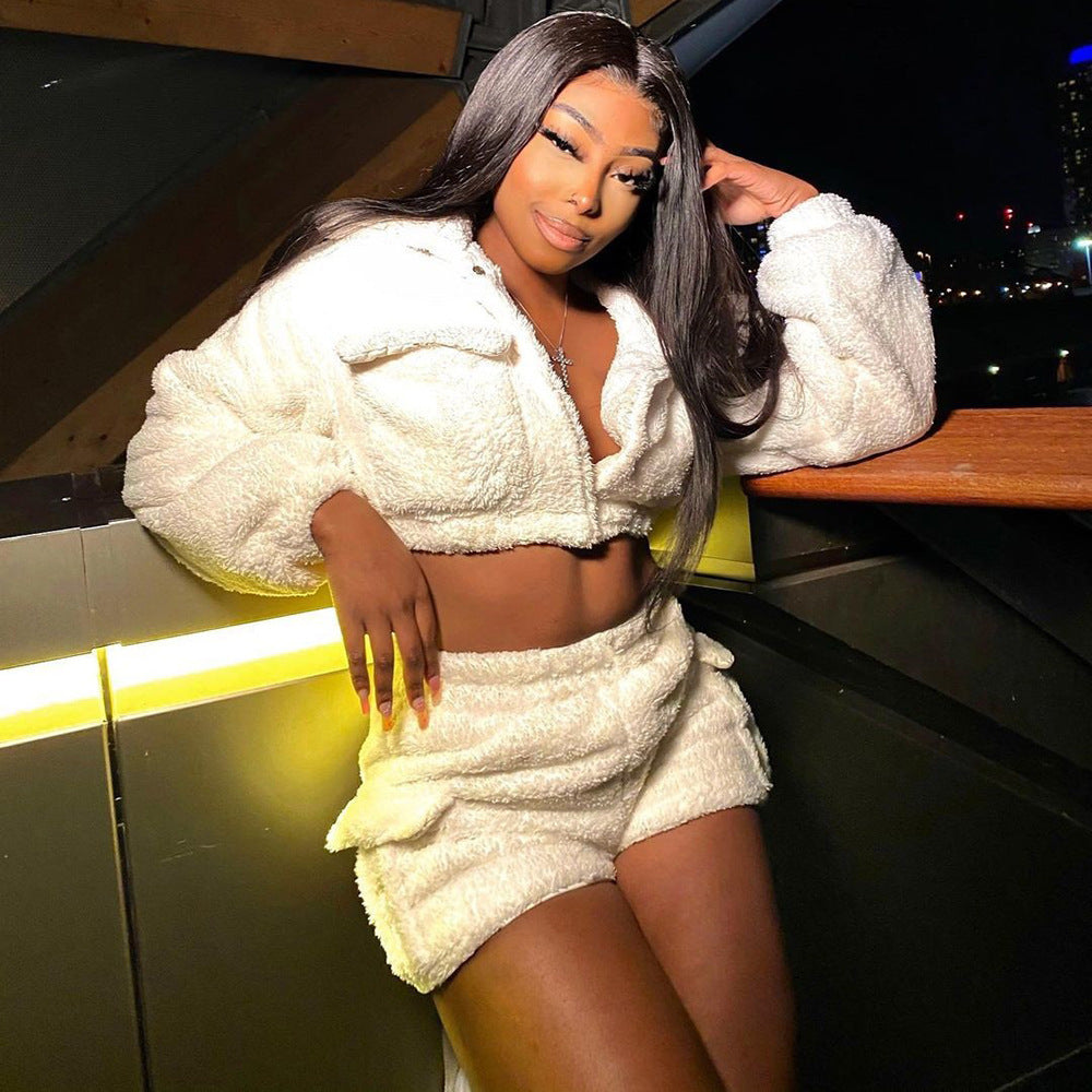 Solid Color Two-Piece Fashionable Fleece Long-Sleeved Top Shorts Set 4