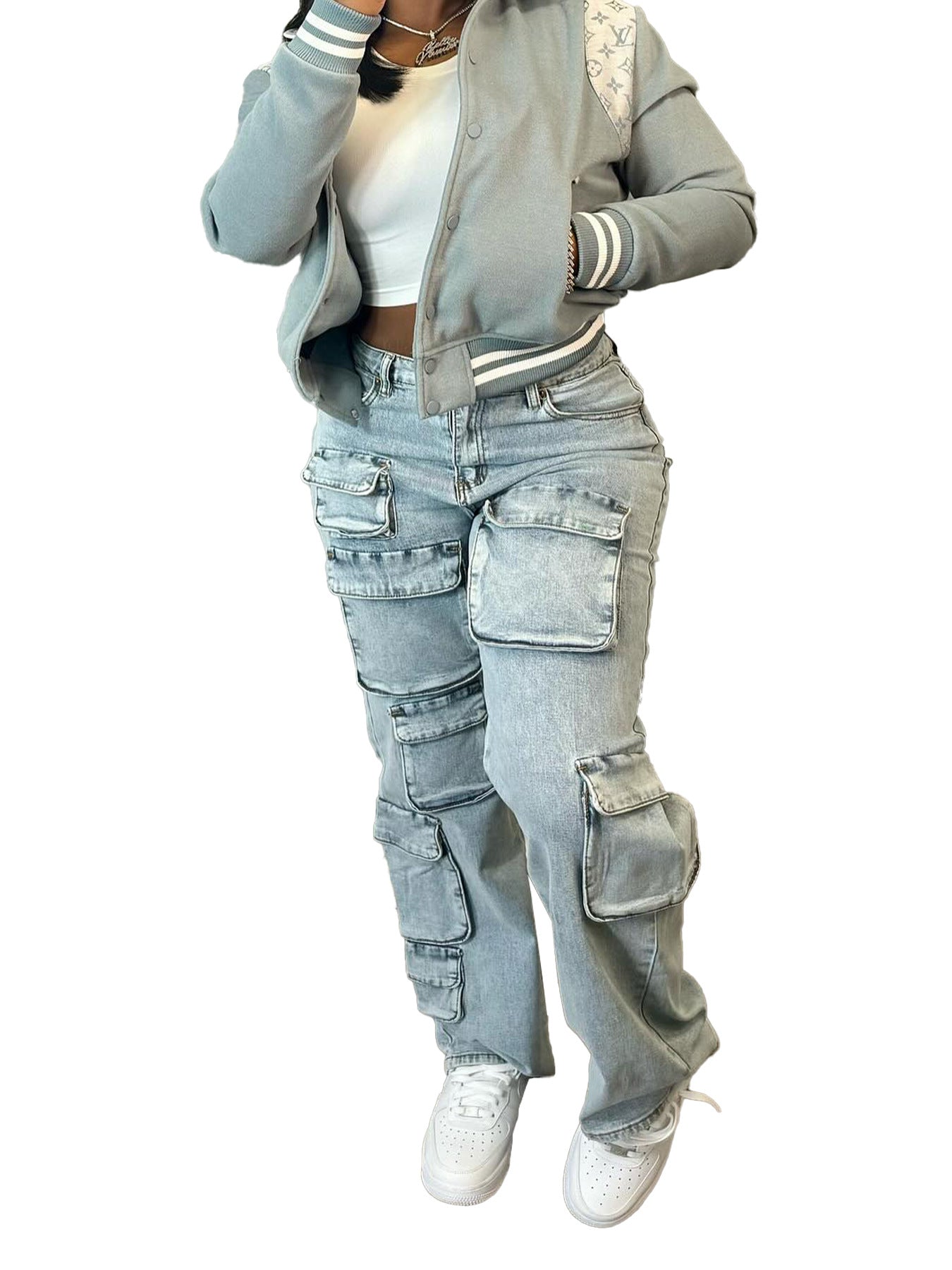 Women's Fashion Stretch Denim Fabric Multi-Pocket Cargo Style Denim Pants 9