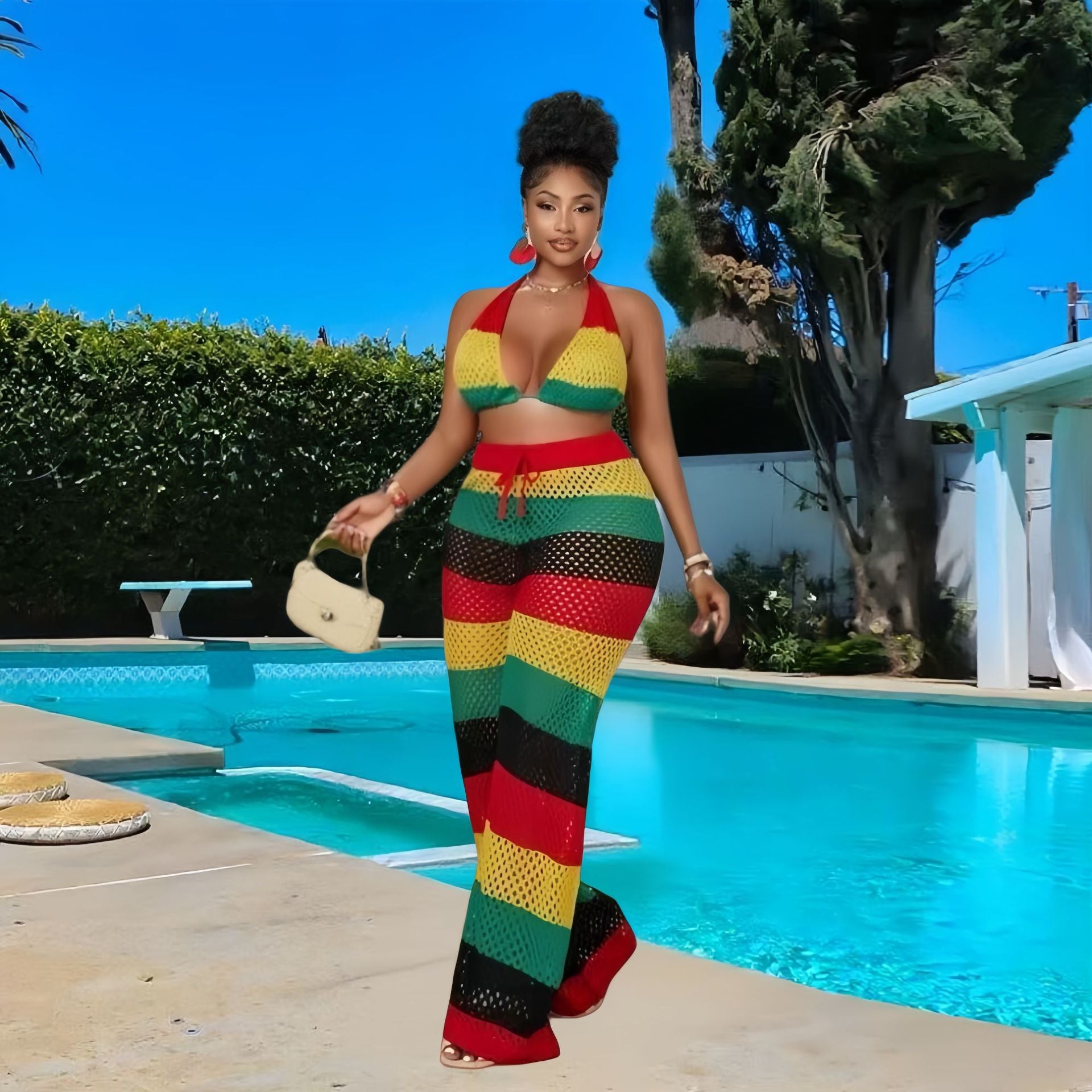 Women multi-color striped halter neck backless top and knitting pant, sexy see-through mesh two-piece set. 4