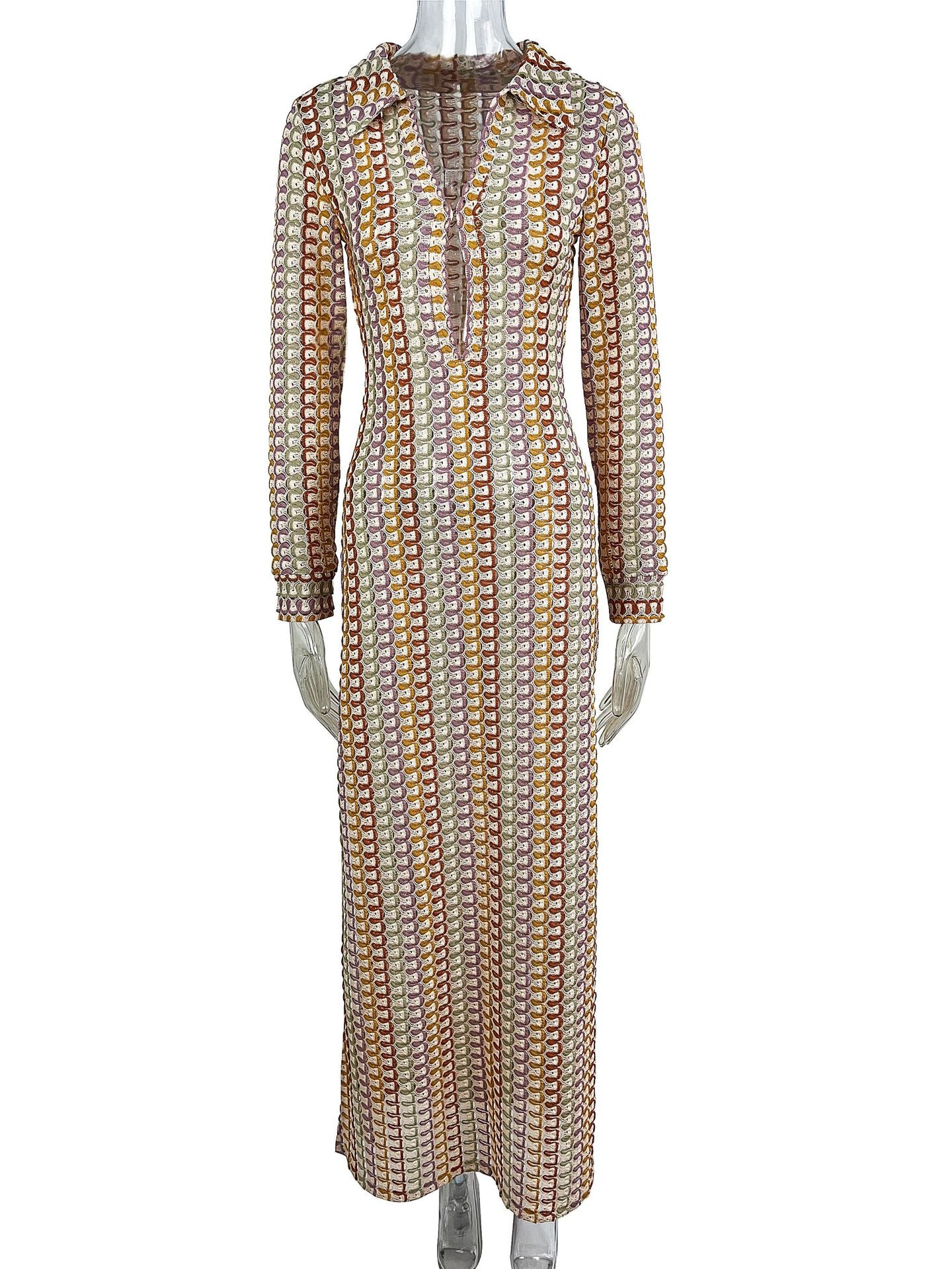 Women crocheted hollow low-cut V-neck slit long dress 12