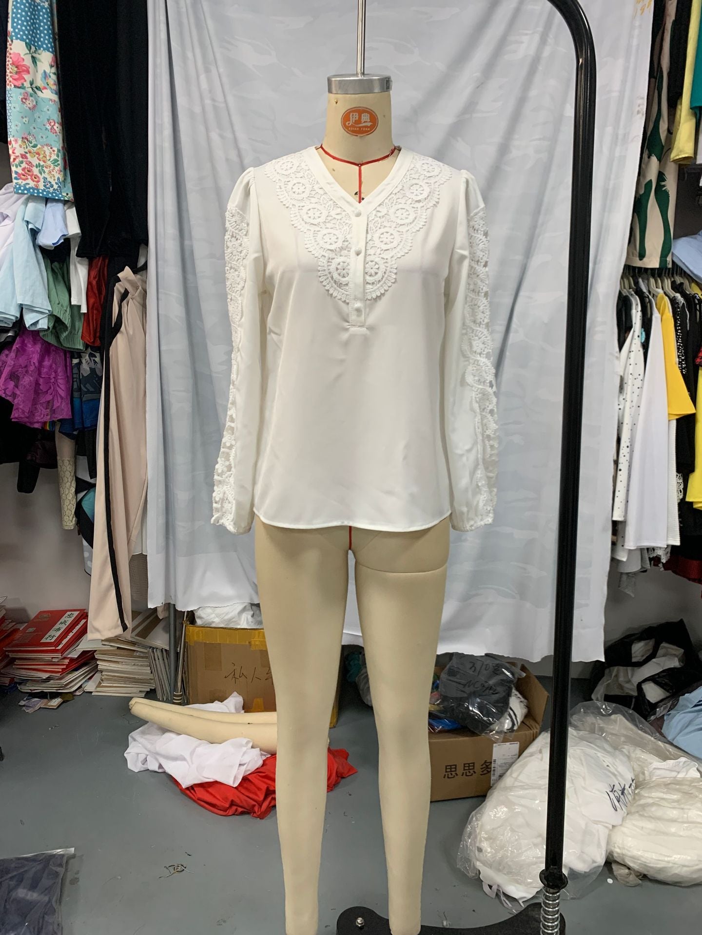 Women Solid Button Lace Patchwork V-neck shirt 3