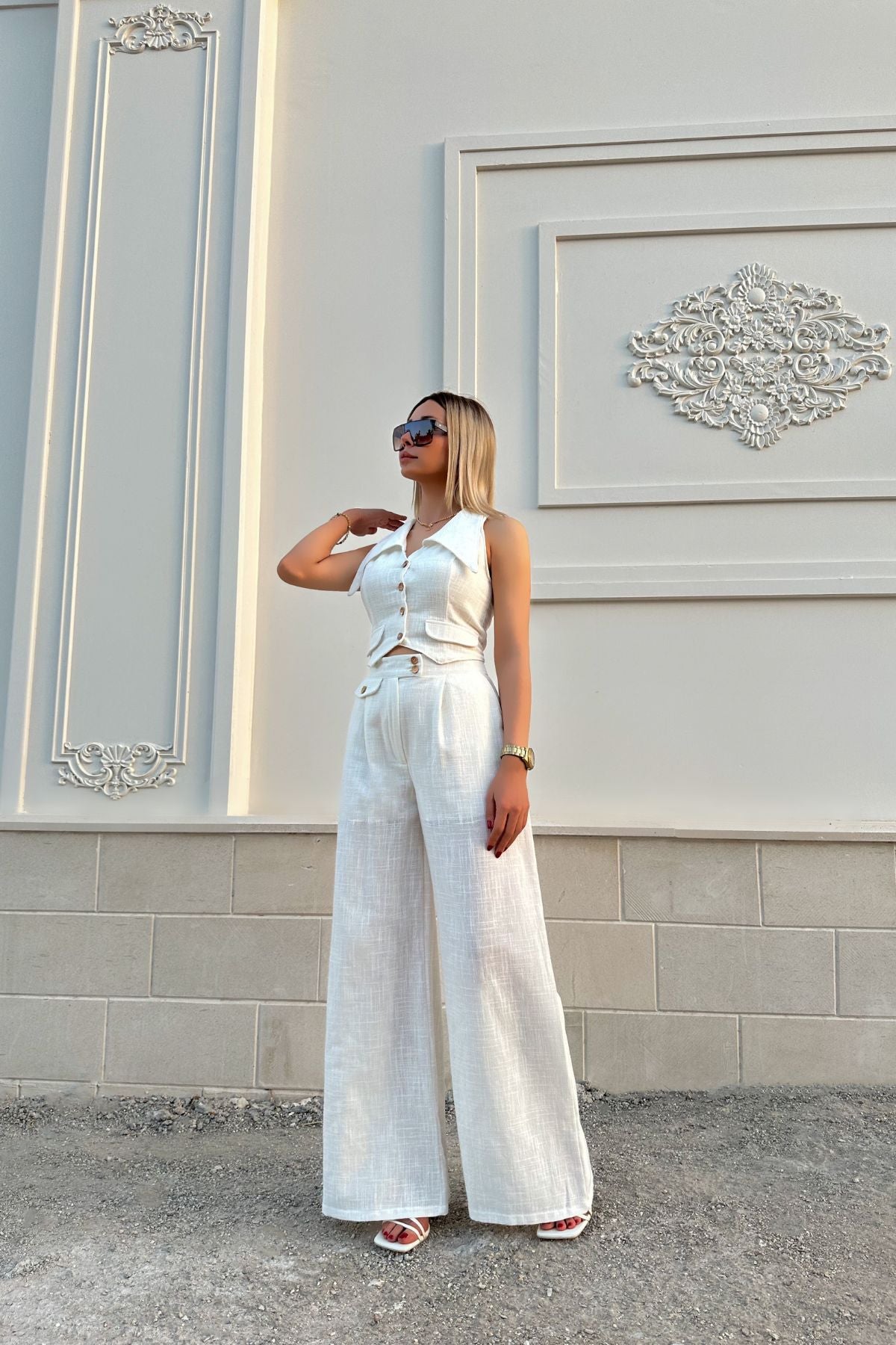 Women's Two Piece Set Summer Sleeveless Short Vest Top Loose Solid Color Trousers 3