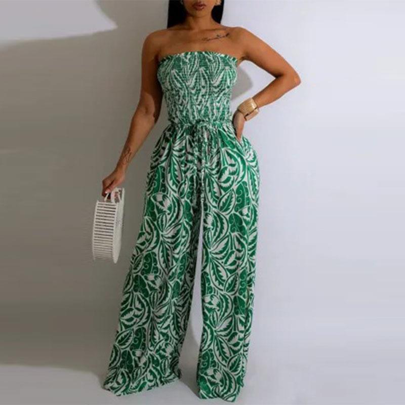 Women Summer Printed Strapless Sexy Off-the-Shoulder Wide-Leg Jumpsuit 9