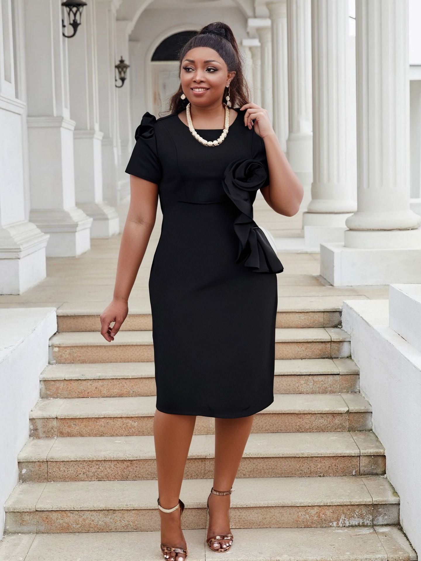 Plus Size Women Elegant Bodycon Ruffle Solid Dress