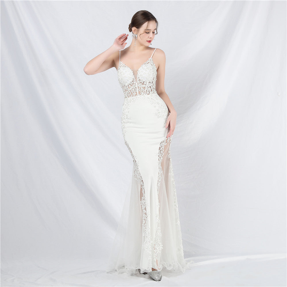 Women Lace Beaded Fishbone Vest Off-Shoulder Tail Evening Gown 11