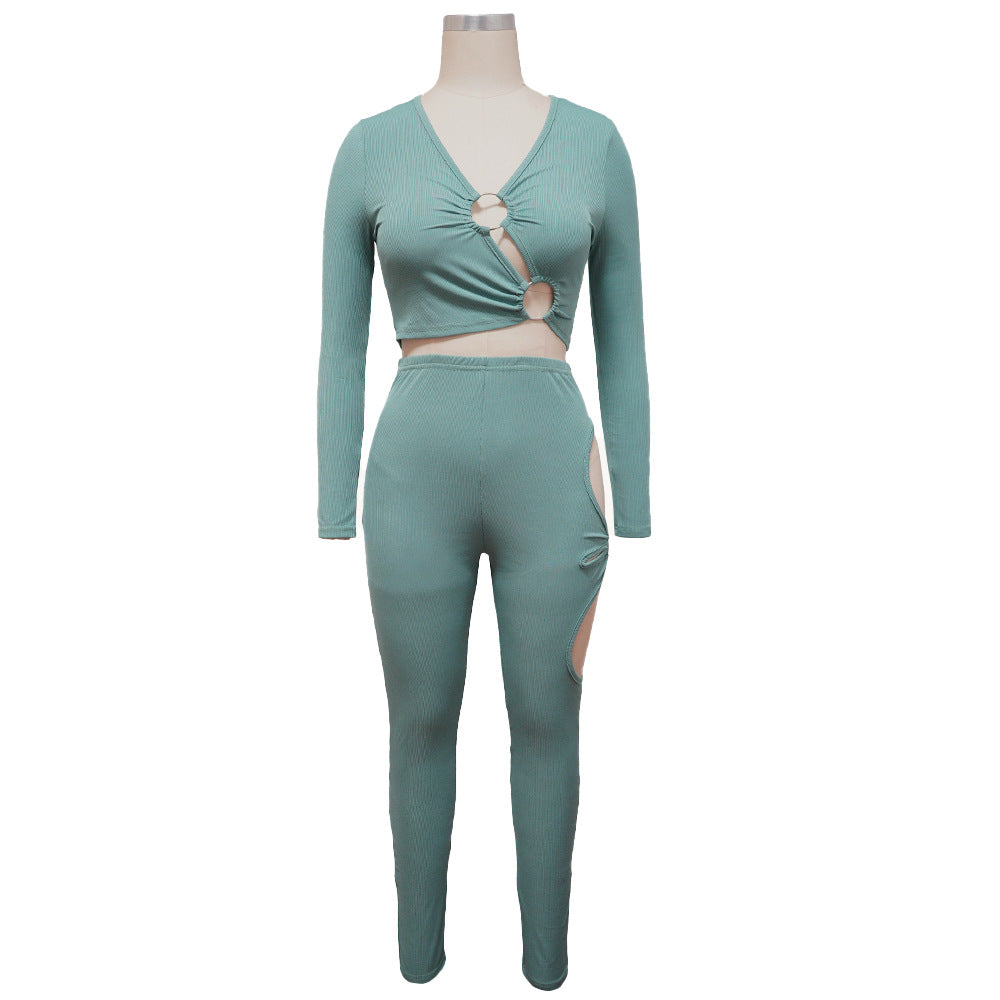 Fashionable Women's Solid Color High-Stretch Ribbed Sexy V-Neck Two-Piece Pants Set 19