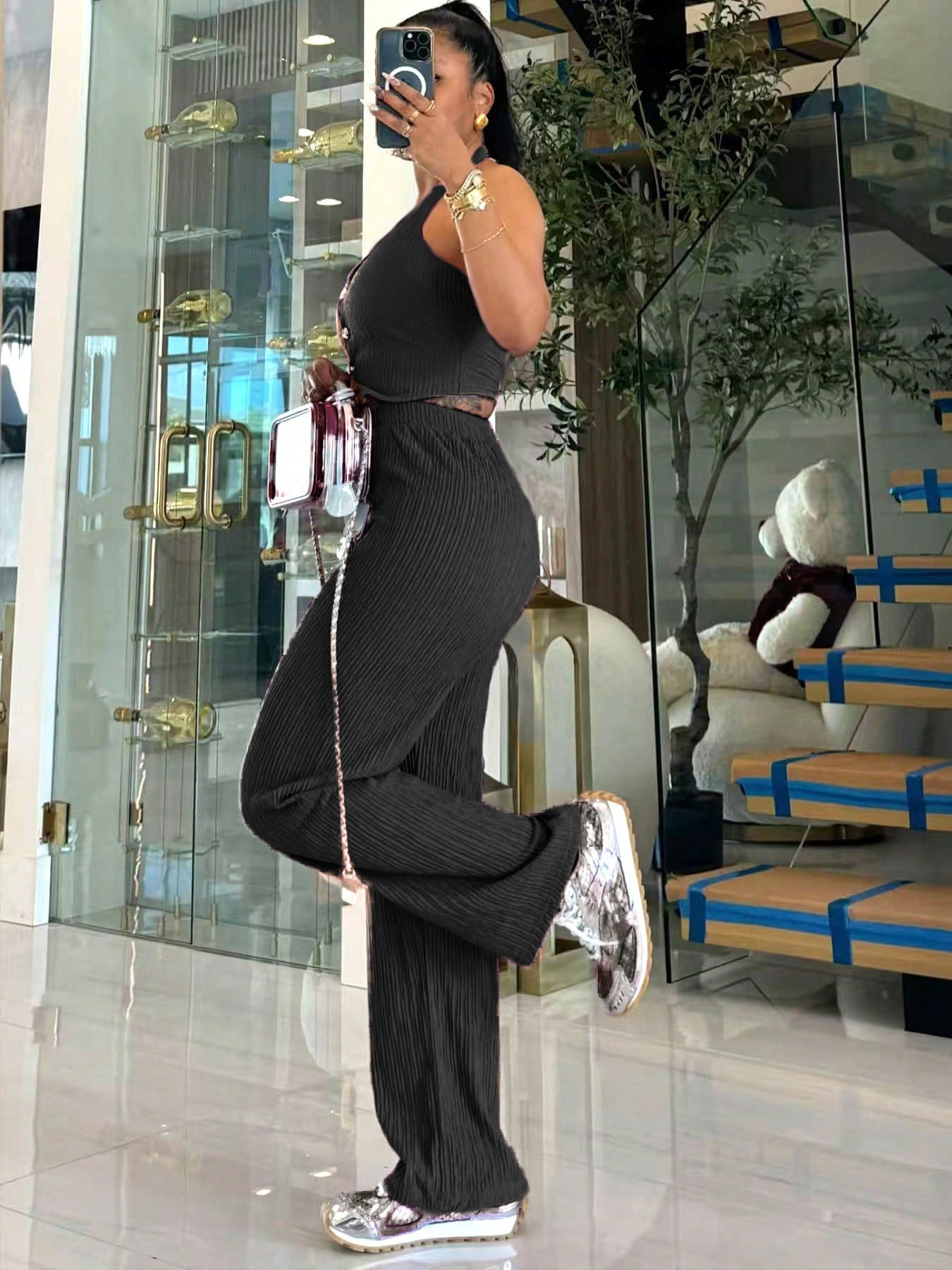 Women Halter Neck Crop Top and Wide Leg Pants Two-piece Set 13