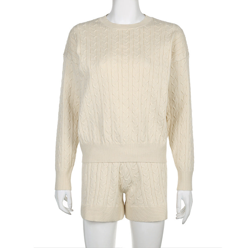 Comfortable Casual Solid Color Sweater Suit Autumn Round Neck Loose Top High Waist Shorts Two-Piece Trendy Set 9