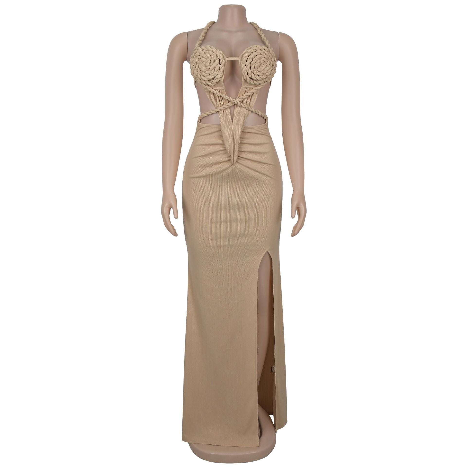 Women sexy knitting Halter Neck Backless Solid Dress 13