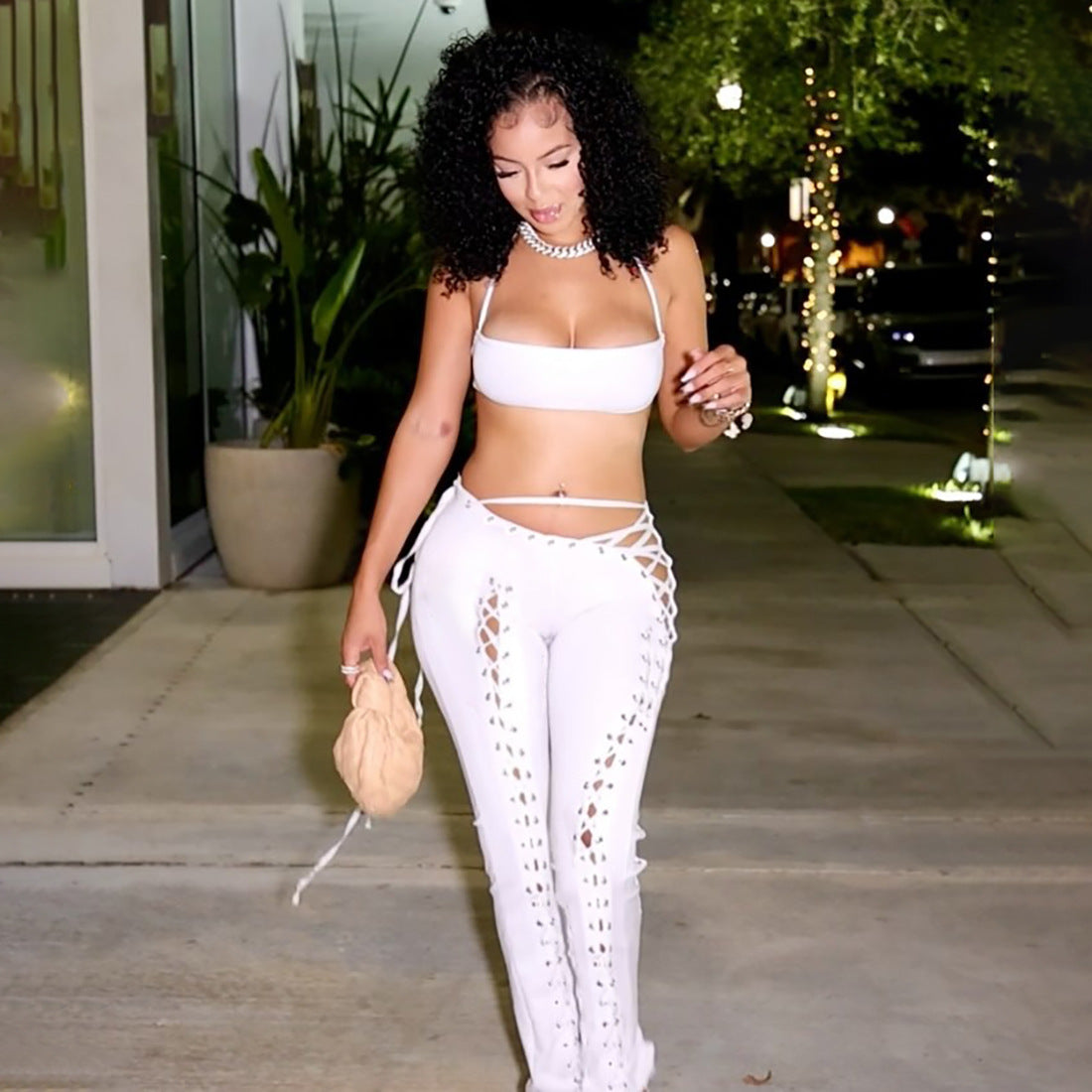 Women Fall Solid Halter Neck Lace-Up Top and Pants Two-piece Set 8