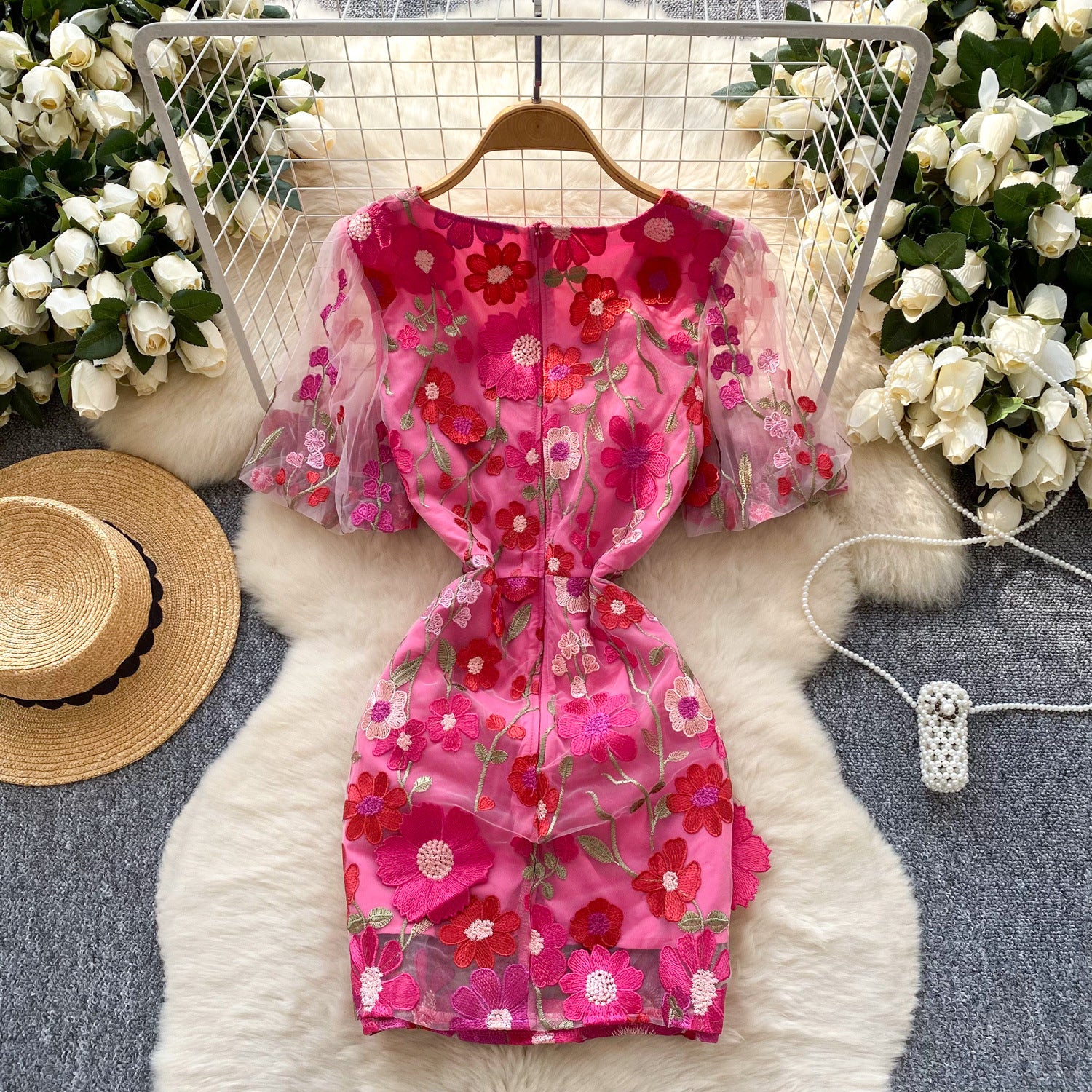 Women's  Luxury Embroidery Mesh Puff Sleeve Slim Waist Short Chic Dress 10