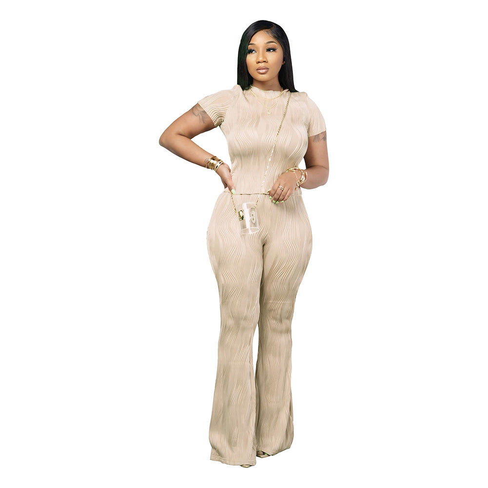 Women's Solid Color Short Sleeve Two-Piece Pants Set 11