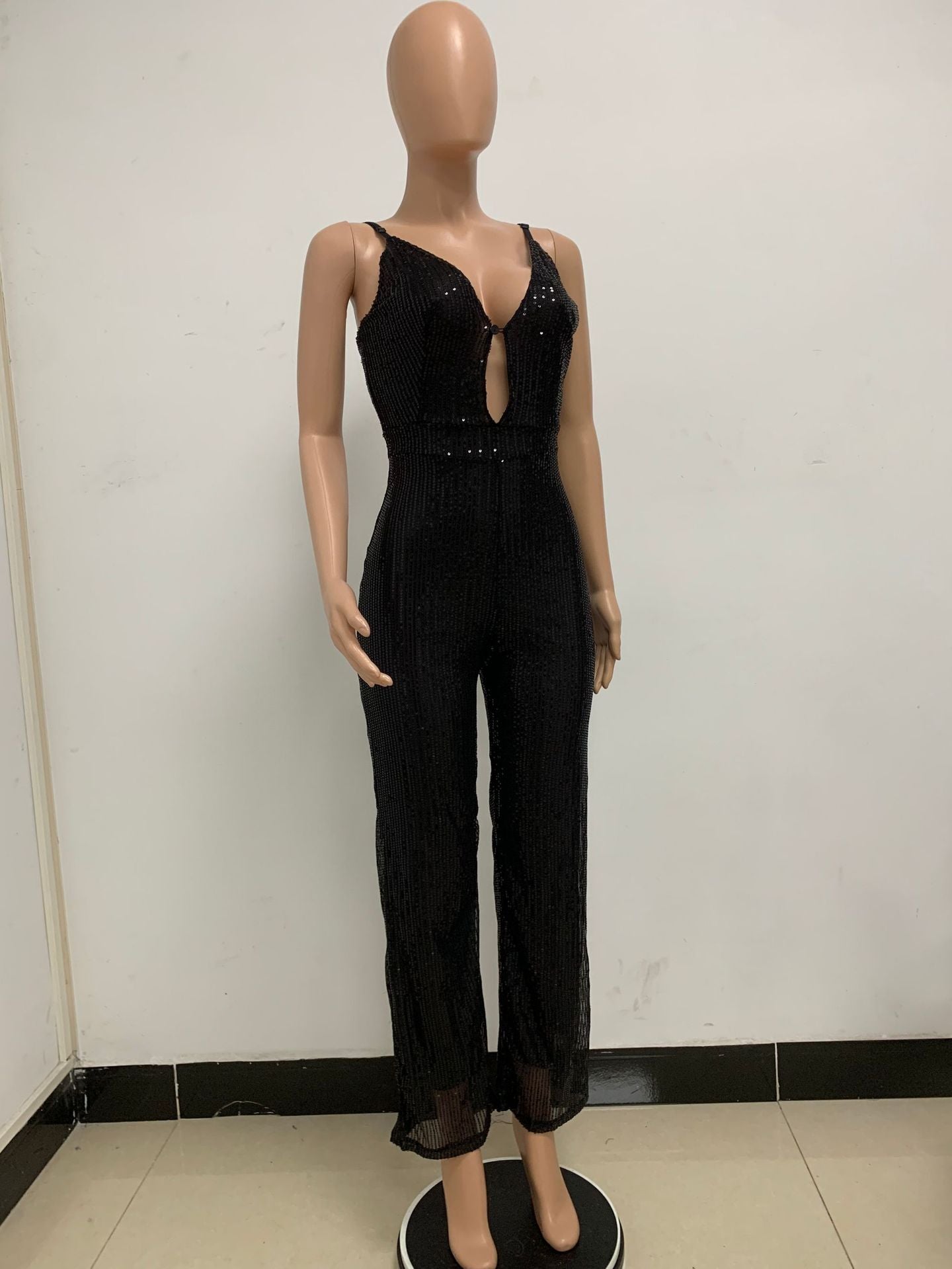 Deep V Neck Low Back Sleeveless Chic Sequined Straps Elegant Women's Party Jumpsuit 56