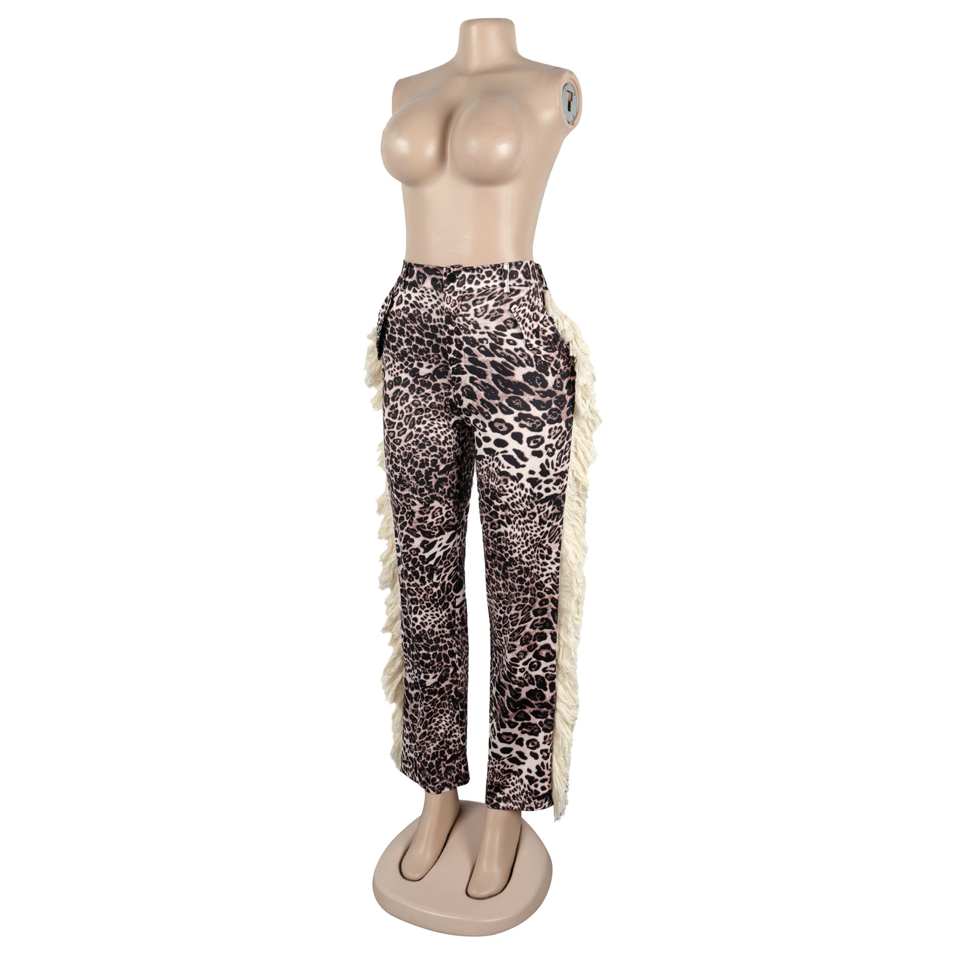 Women Sexy Printed Tassel High Waist Elastic Pocket Pants 8