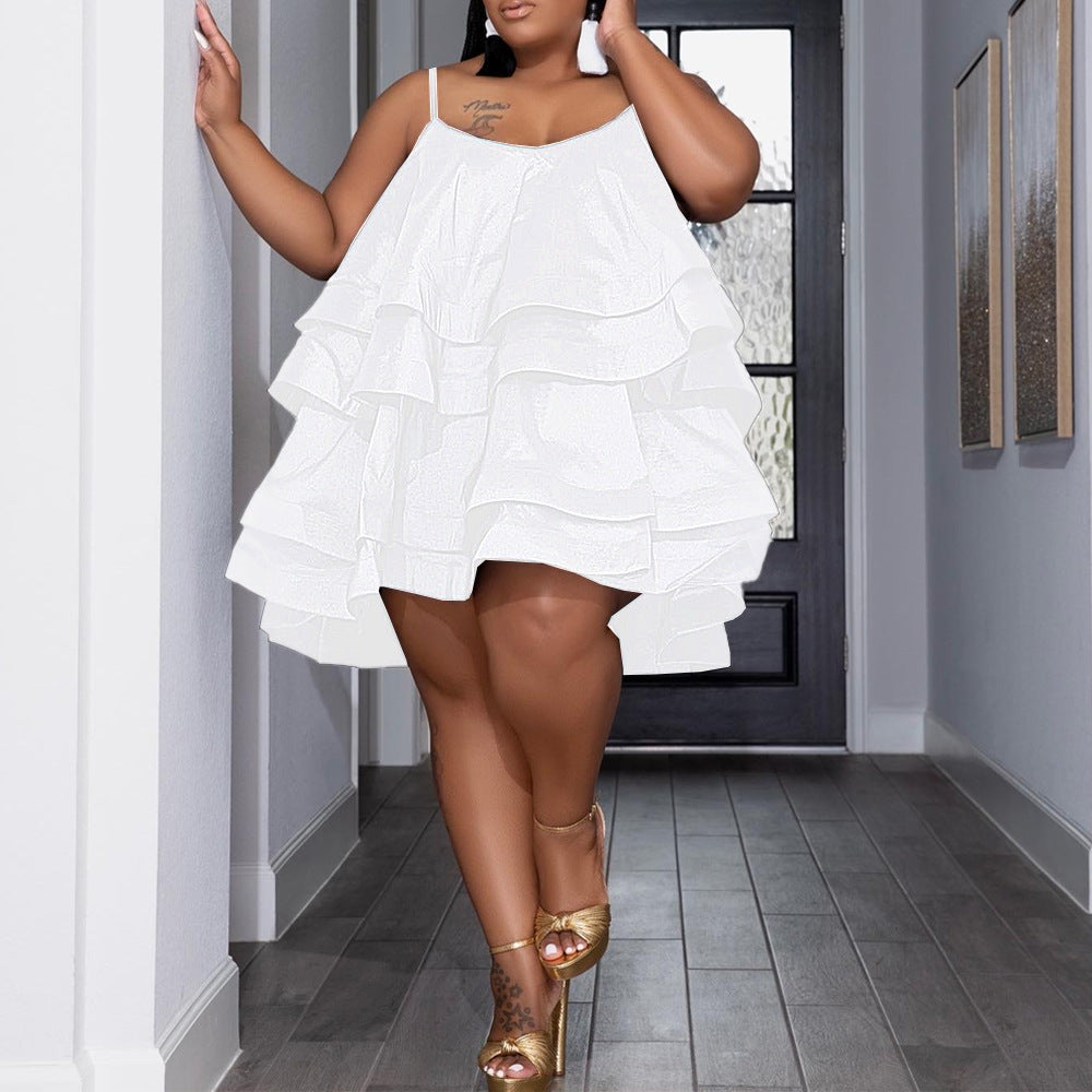 Plus Size Women Suspenders Cascading Ruffles Dress