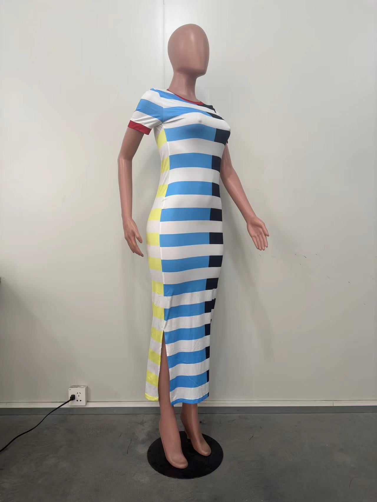 Women Round Neck Short Sleeve Slit Patchwork Striped Dress 10