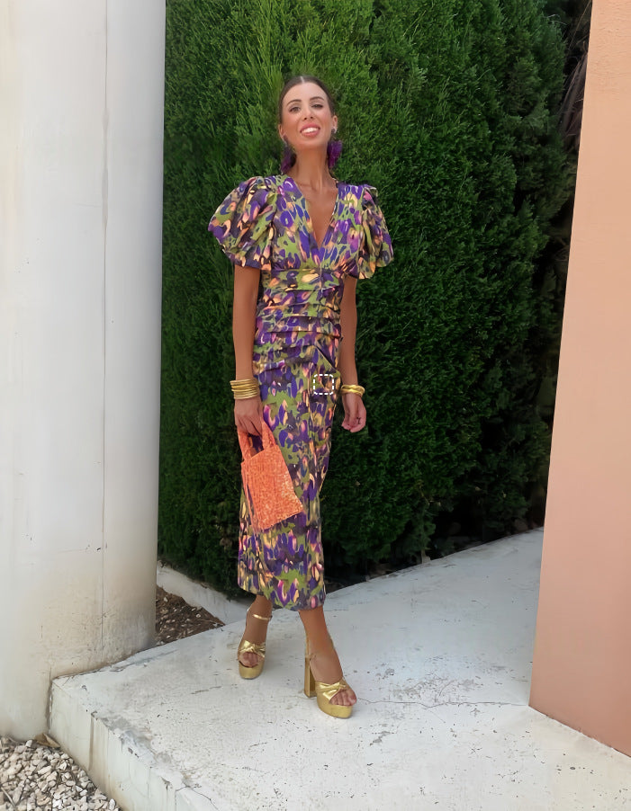 Printed V-Neck Slim Waist Puff Sleeve Bodycon Dress