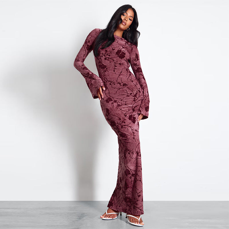 Autumn Round Neck Long-Sleeve Lace-Up Low Back Print Maxi Dress 4