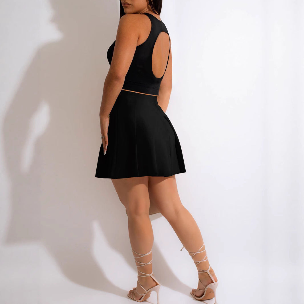 Women Summer Halter Neck Backless Top + Skirt Two-piece Set 3