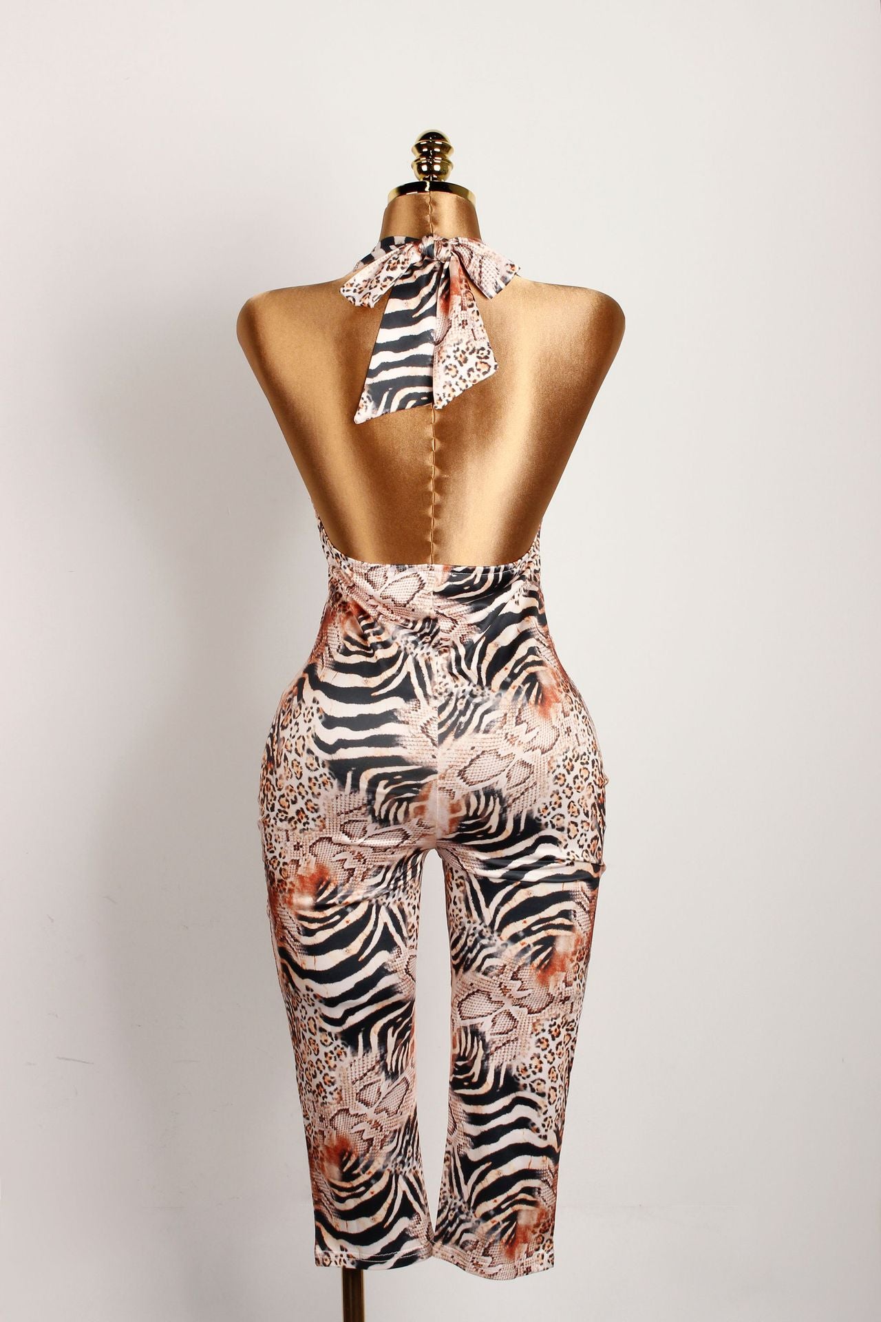 Women Summer V Neck Contrast Halter Neck Lace-Up Backless Leopard Print Jumpsuit 4