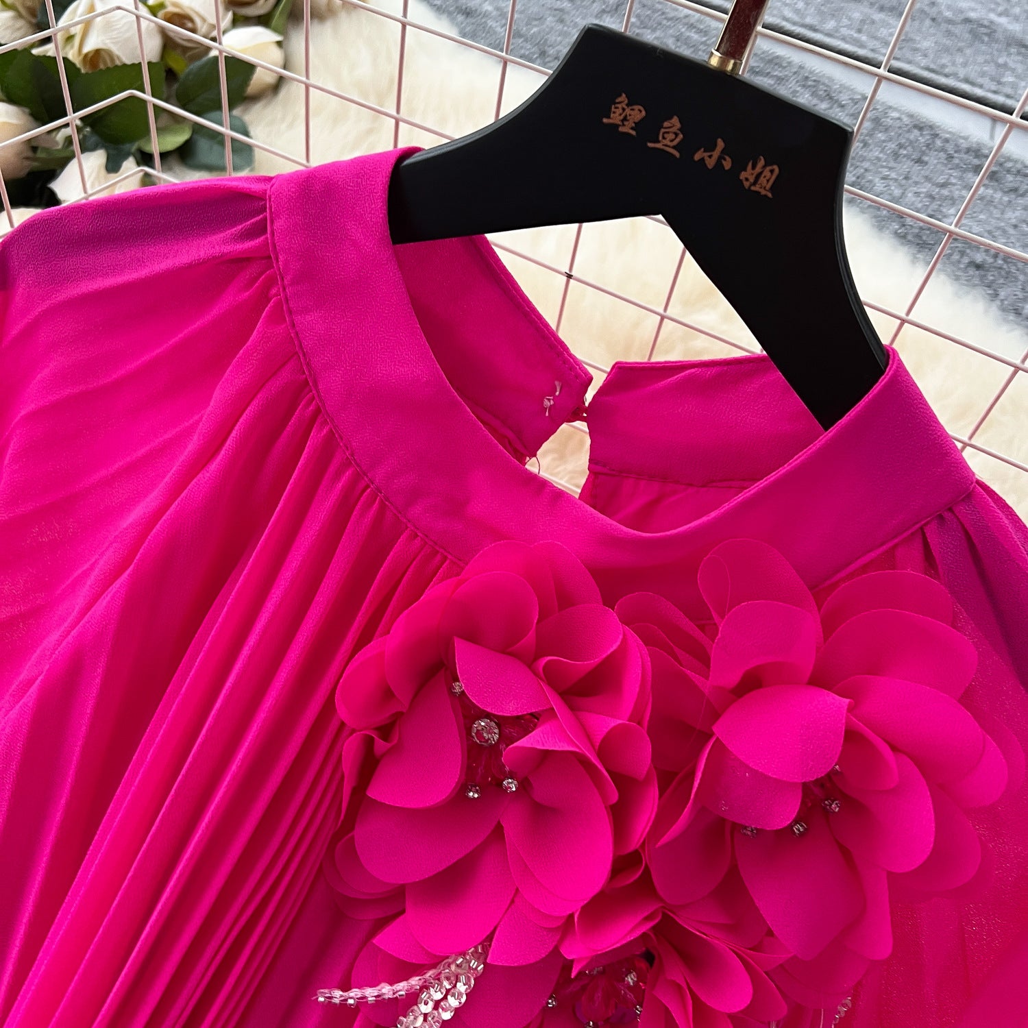 Elegant Women's Luxury Beaded Flower Belt Slim Waist Pleated Long Dress 14