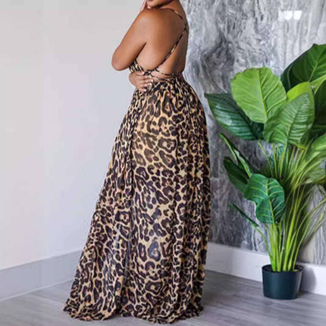 Women split leopard V Neck cross Backless Strap Dress 3
