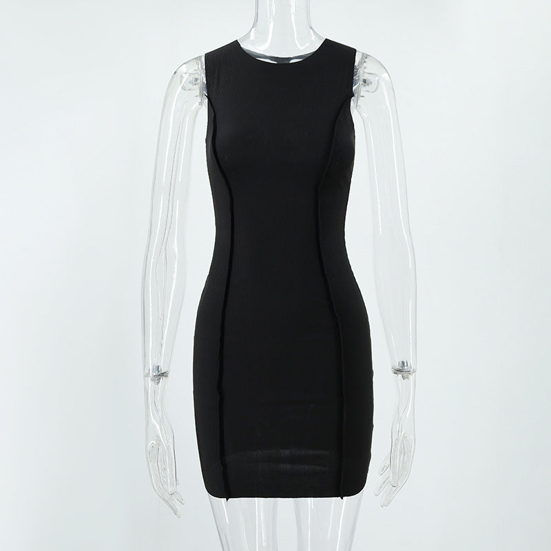 Summer Ladies Round Neck Sleeveless Solid Color Fashion Slim Bodycon Dress 29