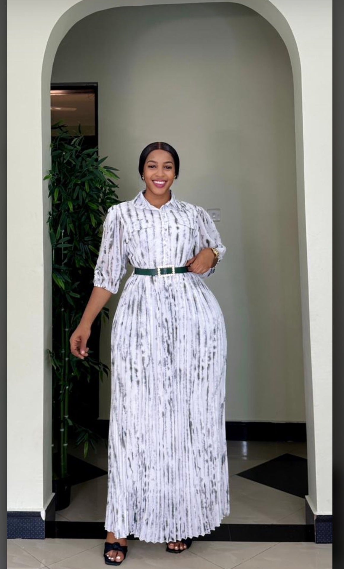 African Women Printed Turndown Collar Long Sleeve Chiffon Dress with Belt 3