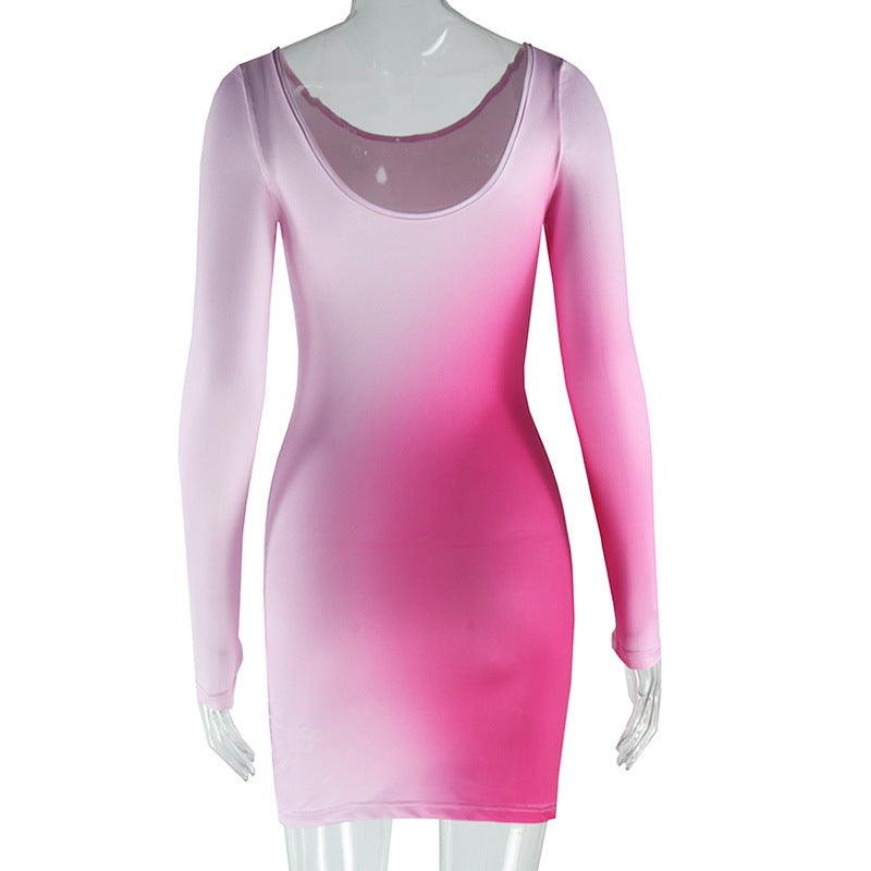 Sexy Round Neck Gradient Print Long Sleeve Slim Bodycon Women Dress 9