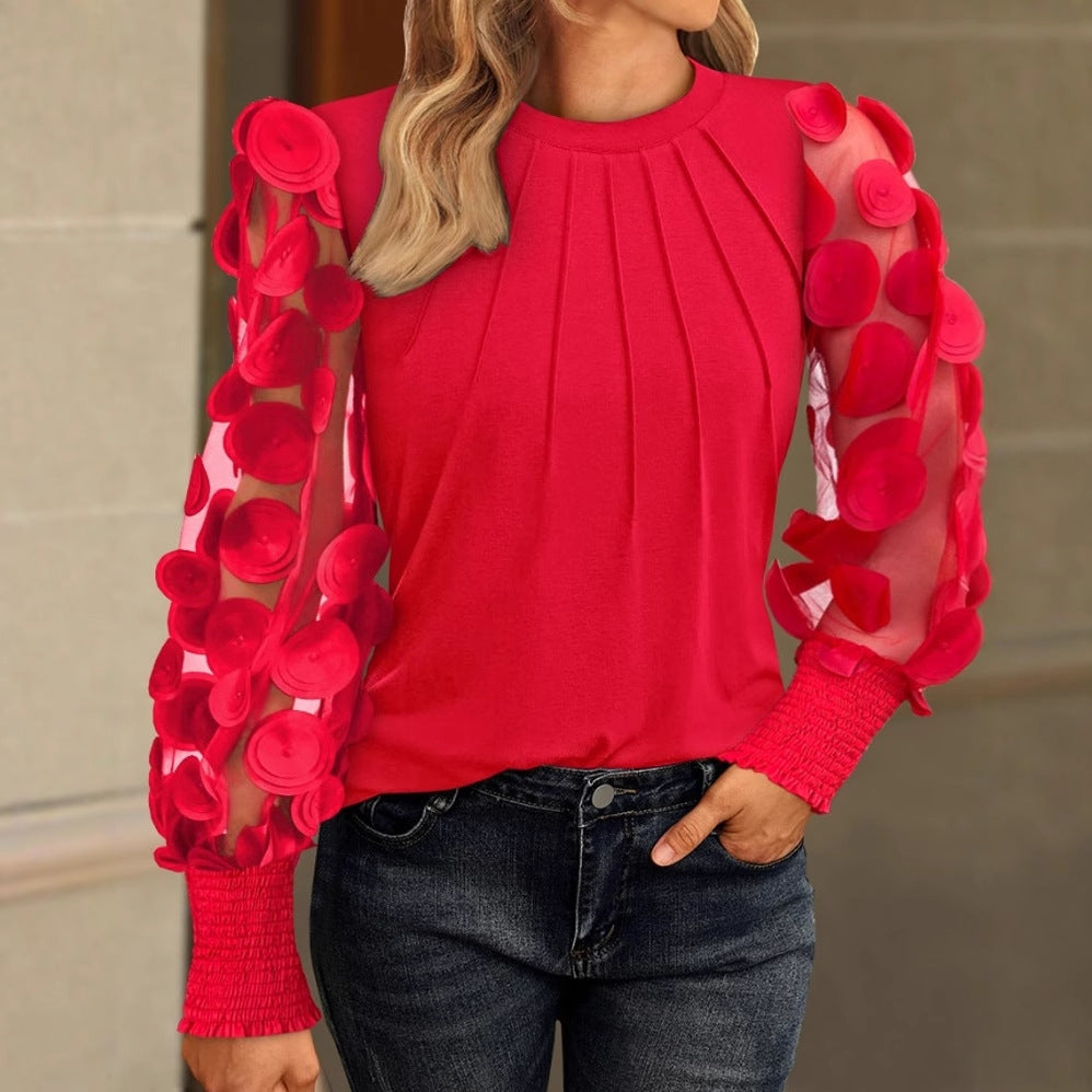 Autumn Long-Sleeve Fashion Mesh Patchwork Round Neck Blouse 10