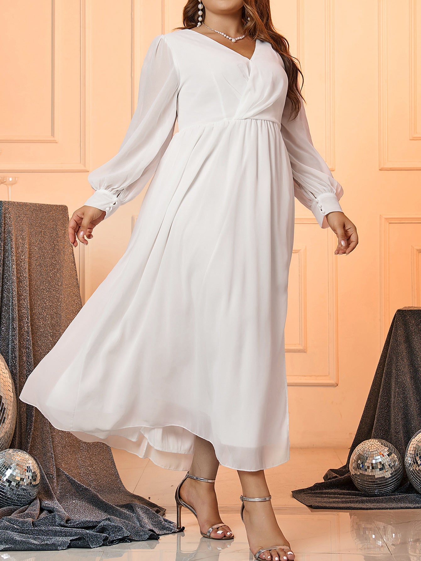 Spring Summer Women's V-Neck Long-Sleeved Chiffon Back Tie Plus Size Dress 4