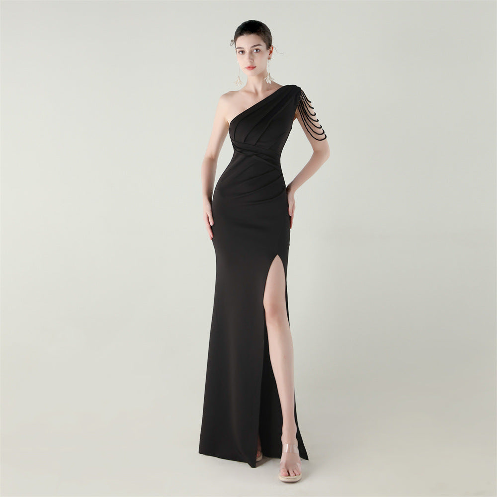 Women strapless satin pleated fishtail slit evening dress 11