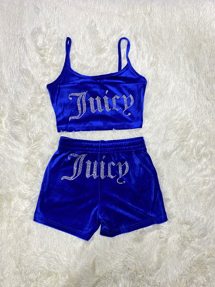 Women Hot diamond suspender Top and shorts Two Piece Set 5