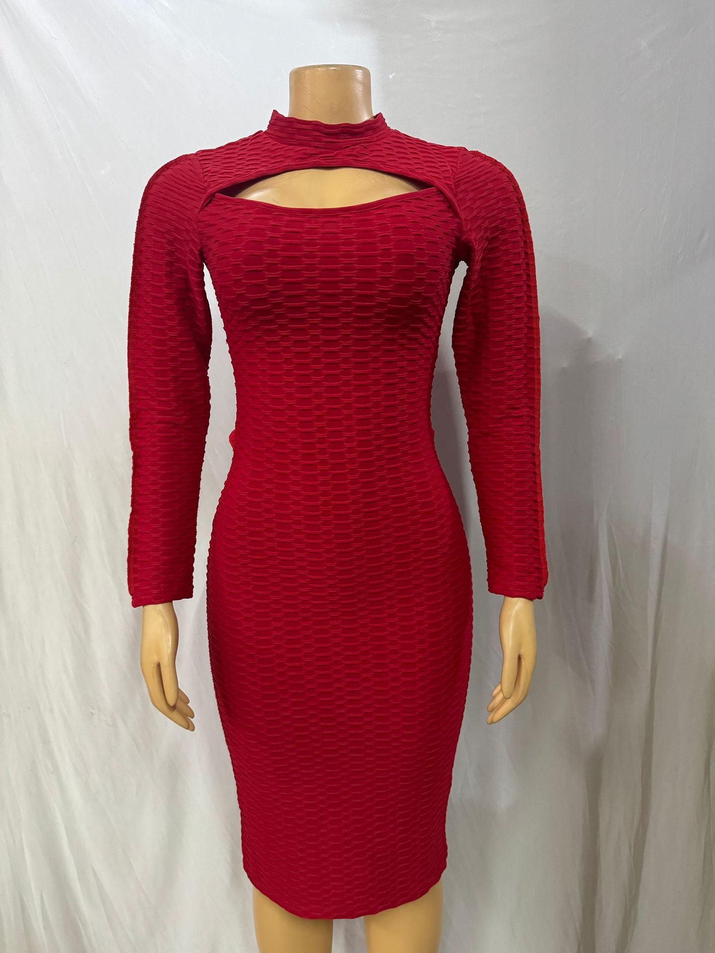 Women Solid Round Neck hollow sexy lace Bodycon long sleeve dress 4