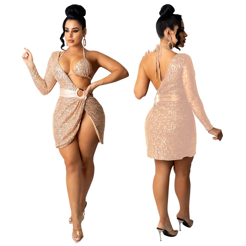 Skirt Summer Women's Sequin Bra Long Sleeve Low Back Dress Nightclub Two Piece Set 4
