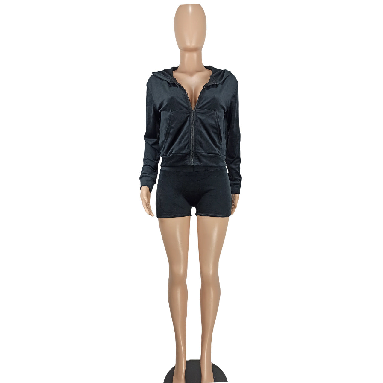 Women's Fashion Casual Solid Velvet Hooded Two-Piece Shorts Set 10